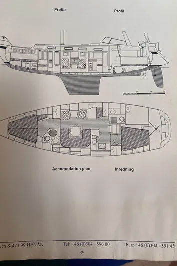 Maloose Yacht Photos Pics Blueprint of 2001 Malo 43 yacht, showing profile and accommodation plan.
