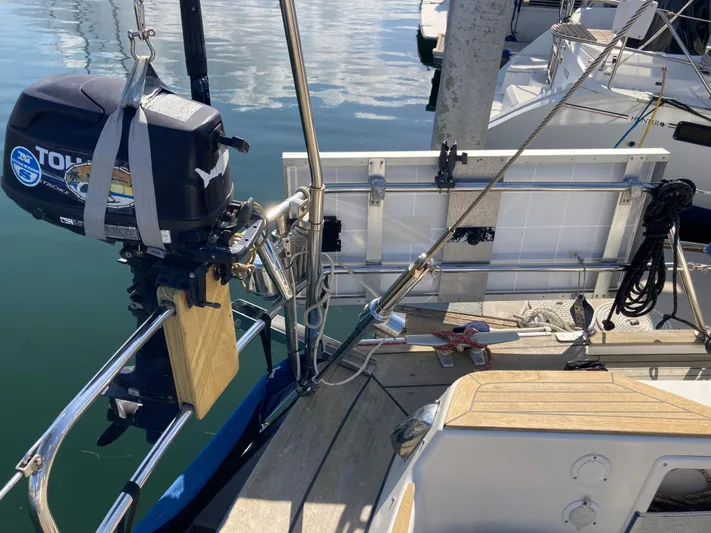 Maloose Yacht Photos Pics Sailboat Malo 43, 2001 model, with outboard motor and docked at marina.