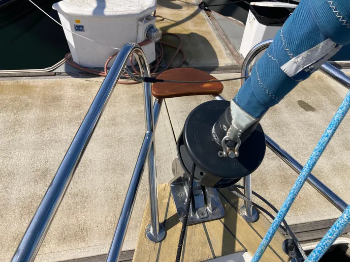 Maloose Yacht Photos Pics Deck of 2001 Malo 43 sailboat with winch and railing.