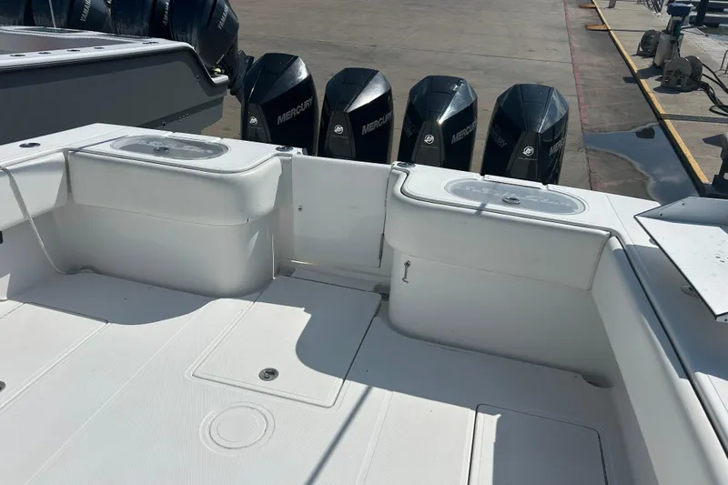  Yacht Photos Pics 2016 SeaHunter 39 Tournament boat deck with multiple Mercury outboard engines.