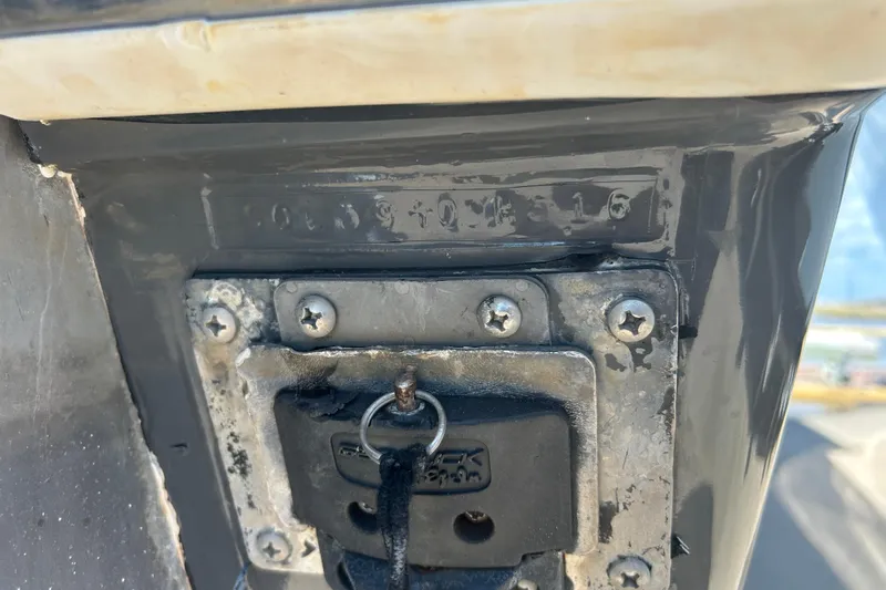  Yacht Photos Pics Close-up of a 2016 SeaHunter 39 Tournament boat's identification plate and hardware.