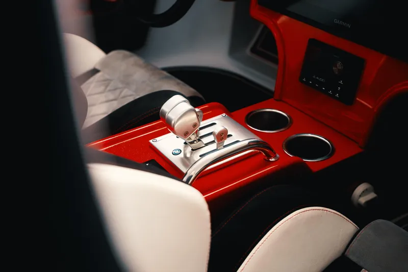  Yacht Photos Pics Interior of 2025 Statement 360 CAT with sleek red console and modern controls.