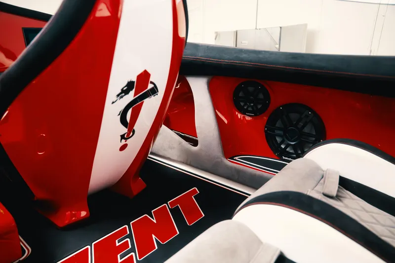  Yacht Photos Pics Interior of 2025 Statement 360 CAT with red and white design, featuring speakers.