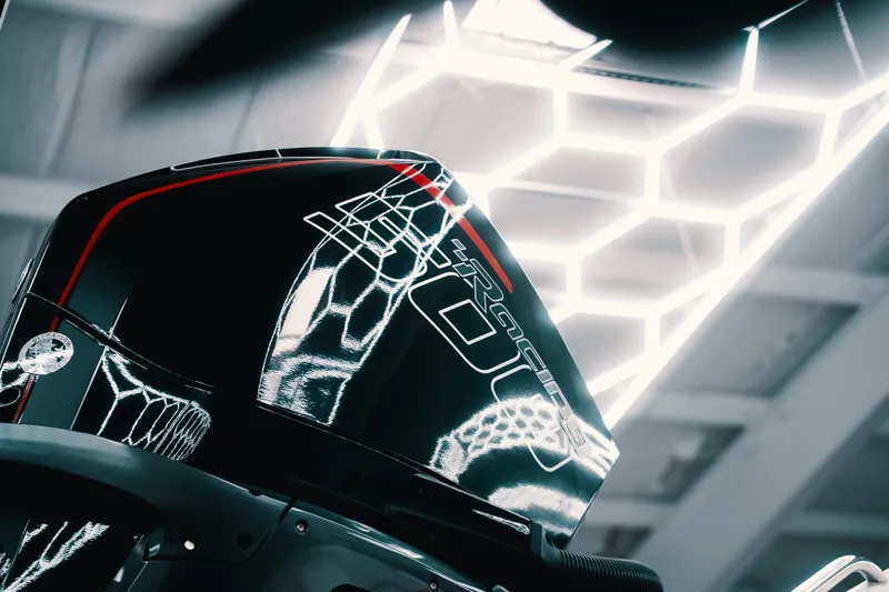  Yacht Photos Pics Futuristic 2025 Statement 360 CAT engine with sleek design and geometric lighting.