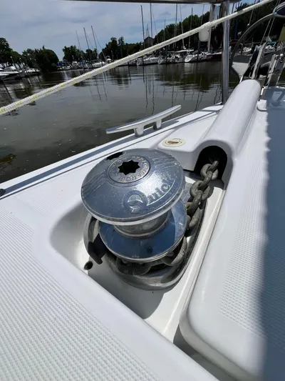 Rosebud Yacht Photos Pics Winch on 2008 Beneteau Oceanis 37 sailboat deck, docked at marina.