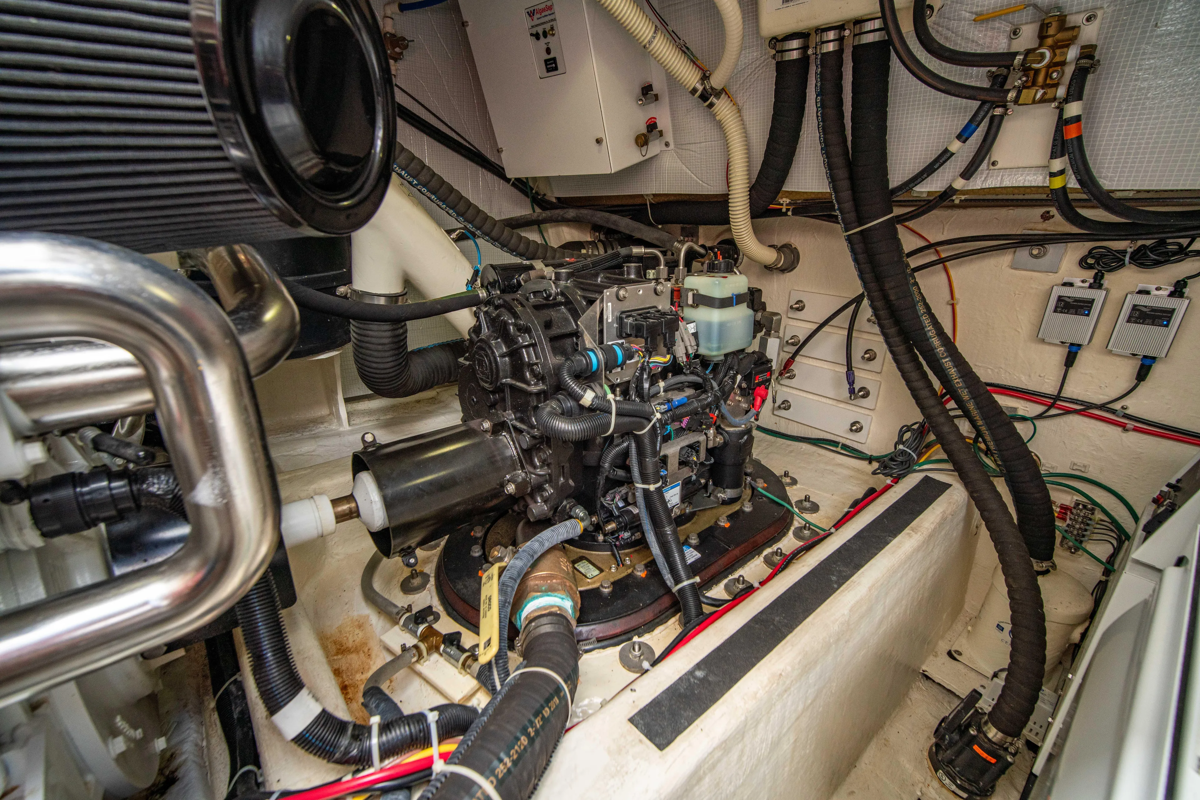  Yacht Photos Pics Engine room of 2015 Sabre 48 Salon Express with visible machinery and wiring.