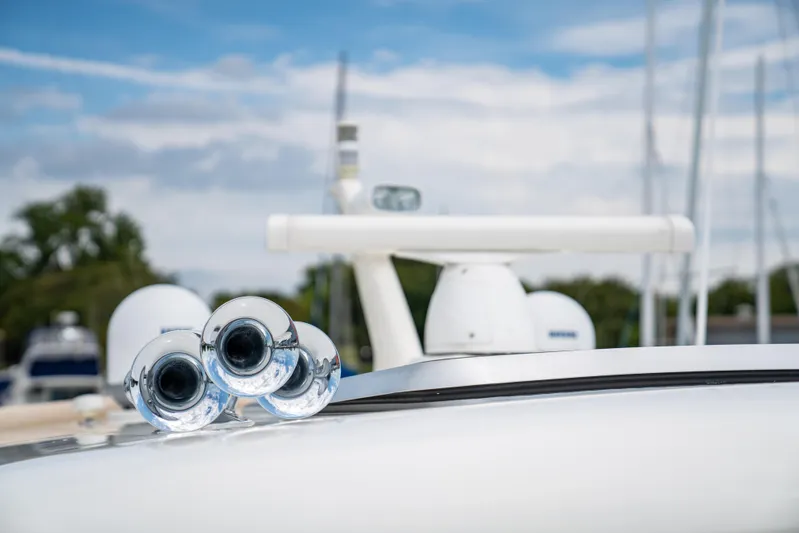  Yacht Photos Pics Close-up of 2015 Sabre 48 Salon Express yacht's horn and radar equipment.