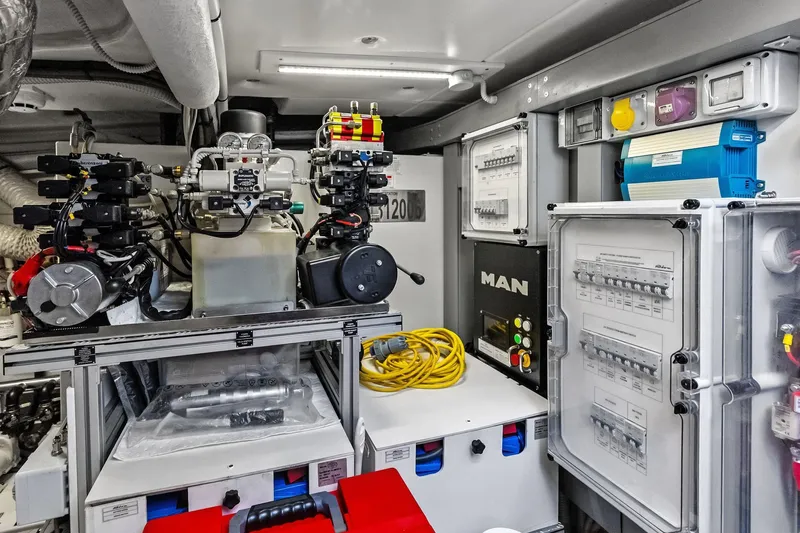 Il-viaggio Yacht Photos Pics Engine room of 2021 Riva 56 RIVALE yacht, showcasing advanced machinery and control systems.