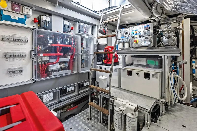 Il-viaggio Yacht Photos Pics Engine room of 2021 Riva 56 Rivale yacht, showcasing advanced electrical systems and equipment.