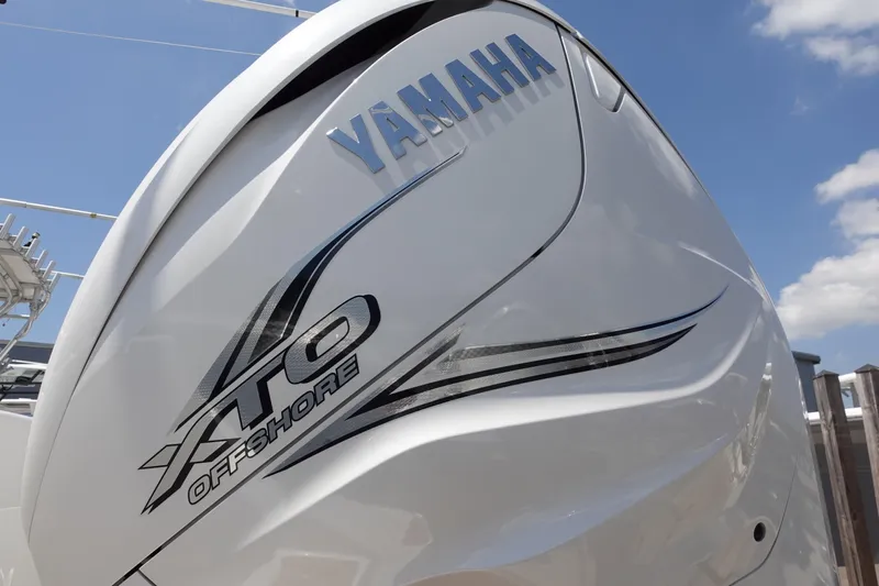  Yacht Photos Pics Yamaha XTO Offshore engine on 2022 Cape Horn 34 XS boat, close-up view.