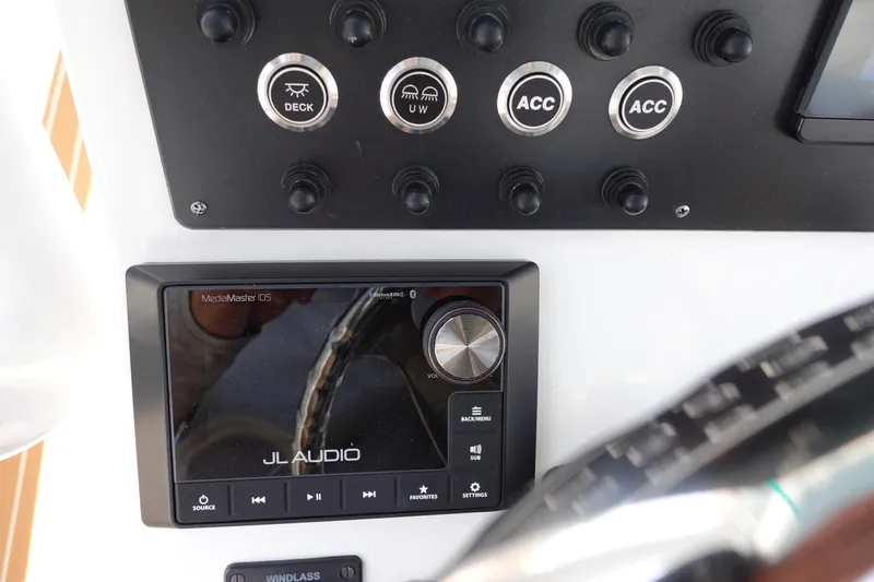  Yacht Photos Pics Control panel of 2022 Cape Horn 34 XS with JL Audio system and switches.