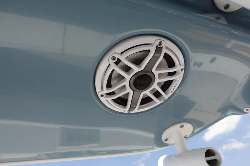  Yacht Photos Pics Speaker on 2022 Cape Horn 34 XS boat, mounted on blue surface.