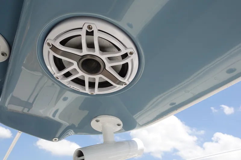  Yacht Photos Pics Speaker on 2022 Cape Horn 34 XS boat, mounted under blue canopy.