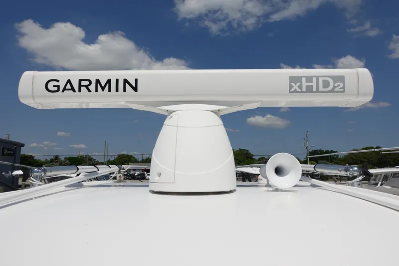  Yacht Photos Pics Garmin xHD2 radar on 2022 Cape Horn 34 XS boat under blue sky.