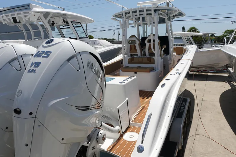  Yacht Photos Pics 2022 Cape Horn 34 XS boat with twin Yamaha 425 V8 engines, docked outdoors.
