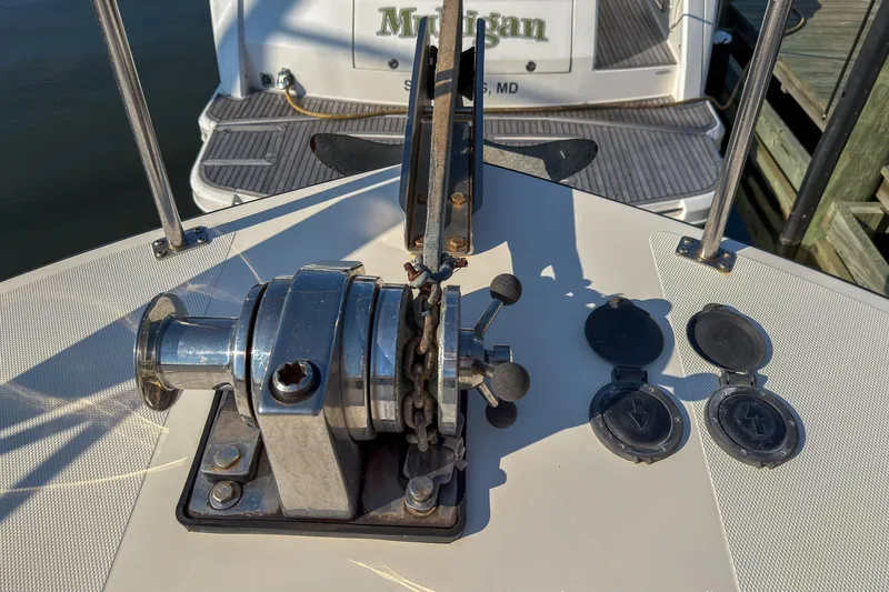 Dee Gee Yacht Photos Pics Close-up of a 1999 Nordic Tug 37's anchor windlass and deck fittings.