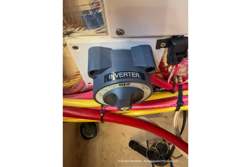 Dee Gee Yacht Photos Pics Inverter switch on a 1999 Nordic Tug 37, surrounded by colorful wiring.