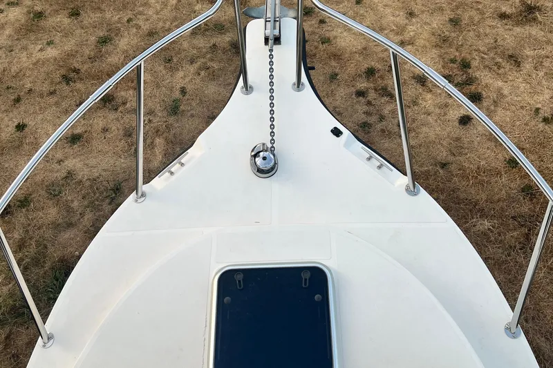  Yacht Photos Pics Bow of 2017 BAMF West Coast 25 excursion boat with anchor chain on dry grass.