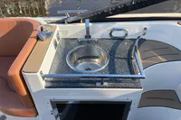 Luxury boat kitchenette with sink, faucet, and seating. GS 27 model, 2022.