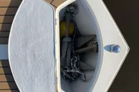 Bow of GS 27 boat, open storage with anchor and rope, 2022 model.