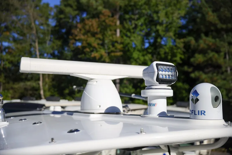  Yacht Photos Pics 2019 Regulator 28 boat with radar and FLIR camera on deck.