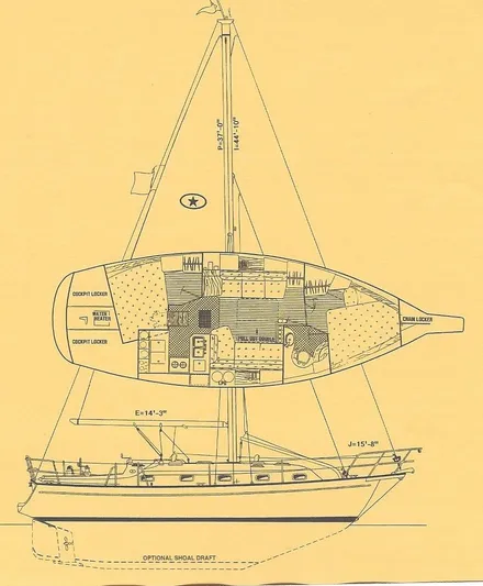 Promises Yacht Photos Pics Diagram of a 1998 Island Packet 350 sailboat, showcasing interior layout and sail plan.