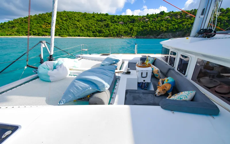 Whiskey Business Yacht Photos Pics Lagoon 450F catamaran, 2015 model, with cozy deck seating and ocean view.