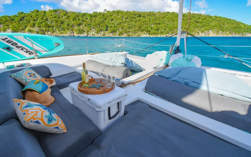 Whiskey Business Yacht Photos Pics Luxurious Lagoon 450F catamaran deck with wine, cushions, and scenic ocean view.