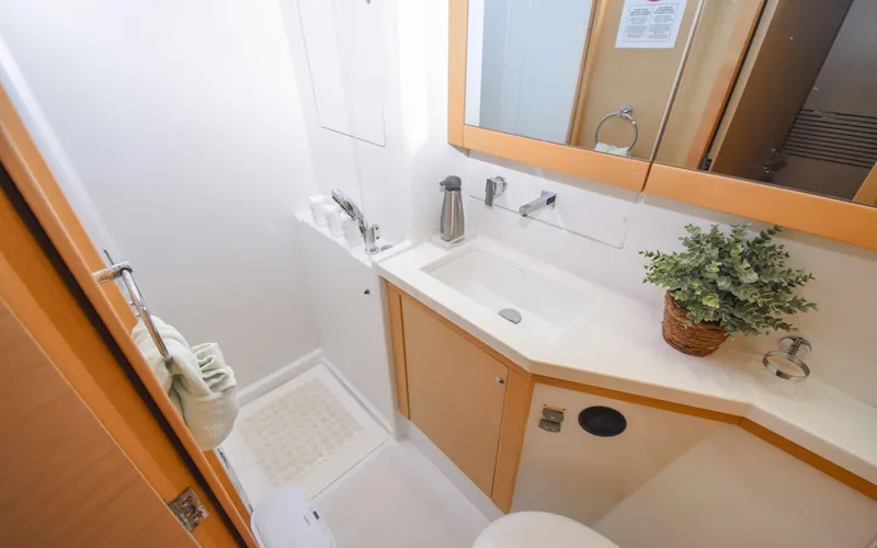 Whiskey Business Yacht Photos Pics Bathroom interior of 2015 Lagoon 450F yacht, featuring modern sink and shower.