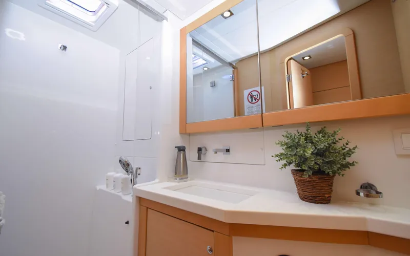 Whiskey Business Yacht Photos Pics Modern bathroom interior on a 2015 Lagoon 450F yacht, featuring a mirror and potted plant.