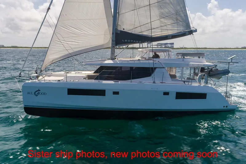 Just Lion Around Yacht Photos Pics Sailing catamaran Leopard 45, 2020 model, cruising on open water under clear skies.