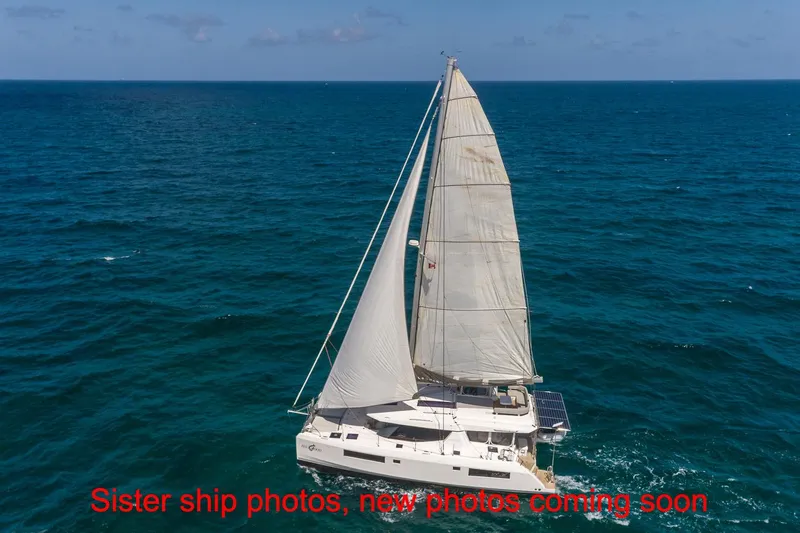 Just Lion Around Yacht Photos Pics Sailing catamaran Leopard 45, 2020 model, cruising on open ocean waters.