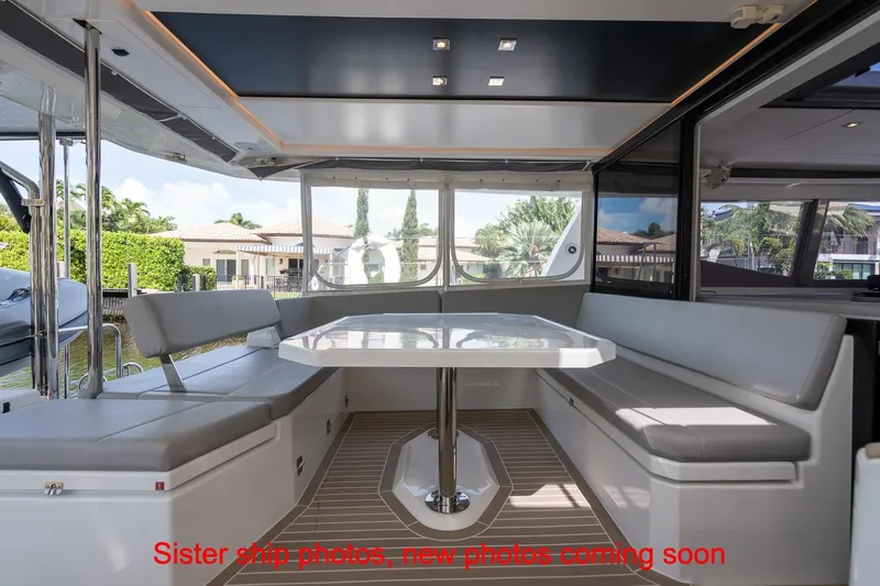 Just Lion Around Yacht Photos Pics Luxurious interior of 2020 Leopard 45 yacht with spacious seating and modern design.