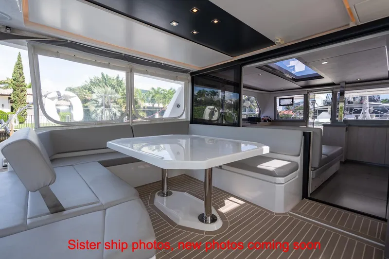 Just Lion Around Yacht Photos Pics Luxurious interior of 2020 Leopard 45 yacht with spacious seating and modern design.