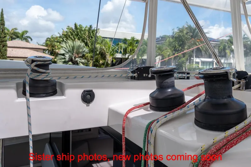 Just Lion Around Yacht Photos Pics Leopard 45 sailboat deck with winches and ropes, 2020 model.