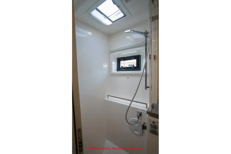 Just Lion Around Yacht Photos Pics Modern shower area in 2020 Leopard 45 yacht with skylight and window.