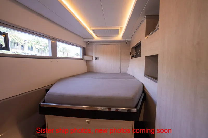 Just Lion Around Yacht Photos Pics Interior cabin of 2020 Leopard 45 yacht with modern design and ambient lighting.