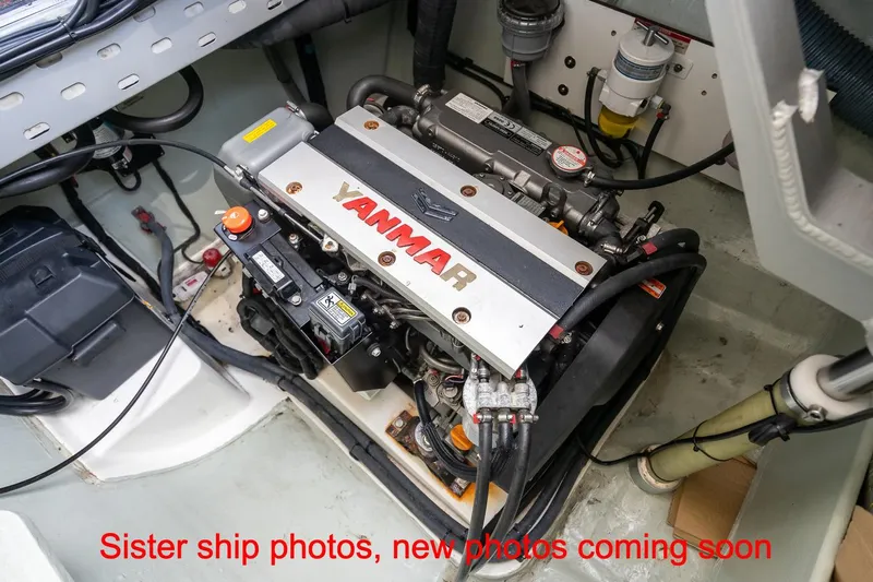 Just Lion Around Yacht Photos Pics Engine compartment of a 2020 Leopard 45 yacht featuring a Yanmar engine.