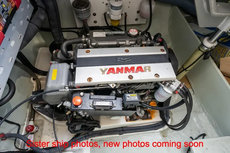 Just Lion Around Yacht Photos Pics Engine compartment of a 2020 Leopard 45 yacht featuring a Yanmar engine.