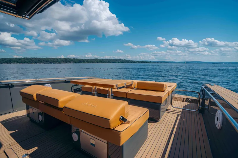  Yacht Photos Pics 2024 Pardo Yachts P43 deck with luxurious seating, overlooking serene ocean view.