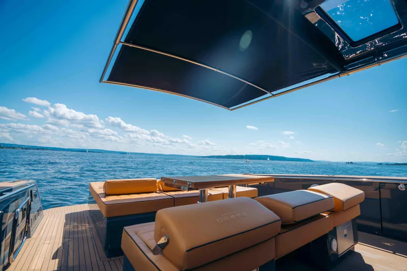  Yacht Photos Pics 2024 Pardo Yachts P43 luxury deck with ocean view and comfortable seating.