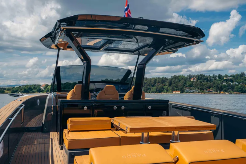  Yacht Photos Pics 2024 Pardo Yachts P43 luxury yacht with sleek design and spacious deck on a sunny day.