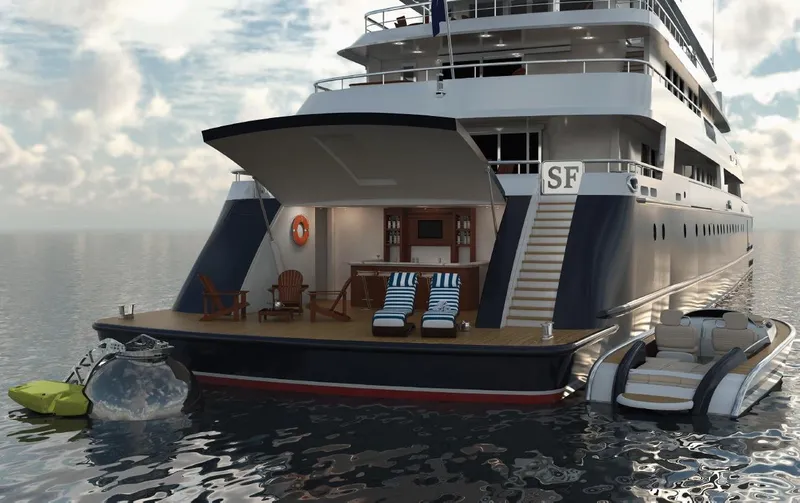 Simon Fraser Yacht Photos Pics 2026 Benetti 80 yacht with open deck, lounge chairs, and watercraft.