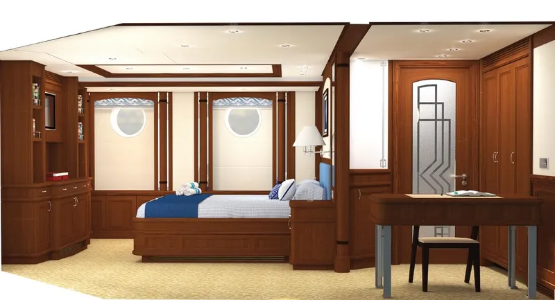 Simon Fraser Yacht Photos Pics Luxurious Benetti 80 yacht bedroom interior, 2026 model, featuring elegant wood finishes and modern design.