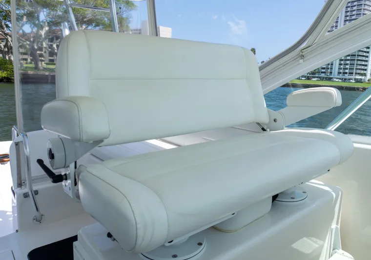 Miss Shell Yacht Photos Pics White leather captain's chair on 2008 Cabo 38 Express boat.