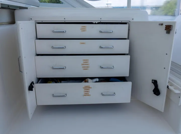 Miss Shell Yacht Photos Pics Storage drawers on a 2008 Cabo 38 Express boat.