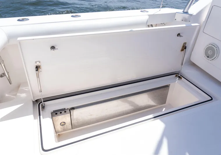 Miss Shell Yacht Photos Pics Open storage compartment on a 2008 Cabo 38 Express boat.
