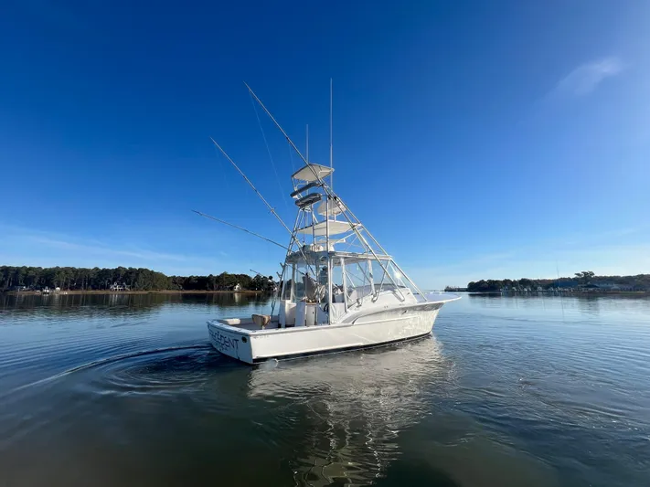 Precedent Yacht Photos Pics 1998 Jersey Cape 36 Express boat on calm water under clear blue sky.