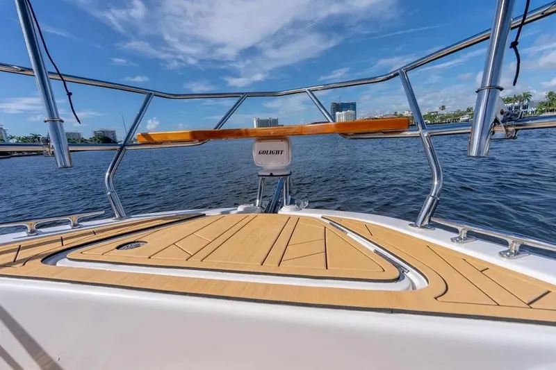  Yacht Photos Pics Deck view of 2025 Hanover 347 boat on water, clear sky background.