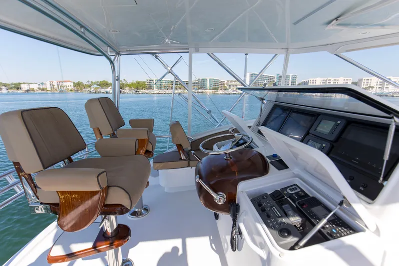 Blacksmith Yacht Photos Pics Helm of 2008 Hatteras 60 Convertible yacht with modern controls and seating.